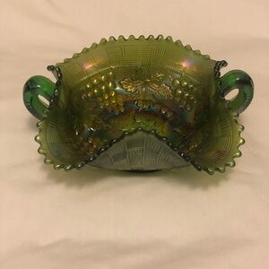 Northwood Green Fruits and Flowers Bon Bon Dish; 1910 Carnival Glass; Iridescent